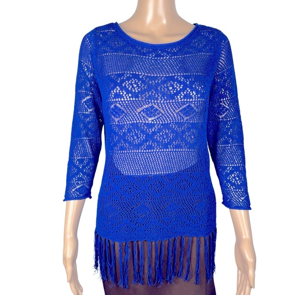 Chico's Blue Knit 3/4 Sleeve Fringe Top Size 2 US L